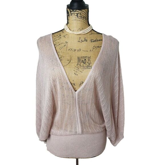 Women's V-Neck Sweater M Open Knit Pink Glitter Draped Short Sleeve Top - Picture 5 of 9